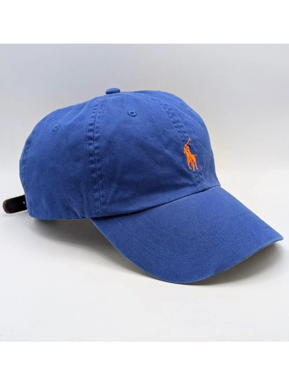 Vintage Polo Ralph Lauren Hat Blue Orange Pony Logo Leather Strap Back Y2K